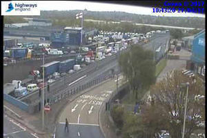 Traffic jammed at the southbound entrance of Junction 1