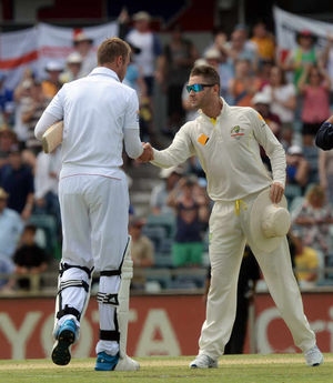 England's Stuart Broad (left) shakes hands with Michael Clarke (right)