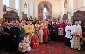Archbishop Nikitas (centre) with Bishop Maximos (centre left), (from centre right) the Lord-Lieutenant of Shropshire Mrs Anna Turner, the Mayor of Shrewsbury Councillor Alex Wagner, the Bishop of Shrewsbury Mark Davies, the Bishop of Oswestry Paul Thomas and the Dean of Shrewsbury Cathedral Sean Henry. Photo: Alexios Gennaris