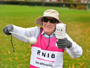 Completing a marathon over seven days, raising money for RNIB, severely visually impaired David Smith, at Market Drayton Town Park