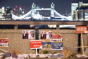 Tributes on London Bridge to victims Jack Merritt and Saskia Jones, who were both in their 20s
