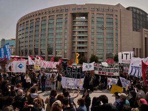 People gather to protest outside Caglayan courthouse in Istanbul during the hearing of dozens of people accused of attending banned demonstrations after the arrest of Istanbul’s Mayor Ekrem Imamoglu