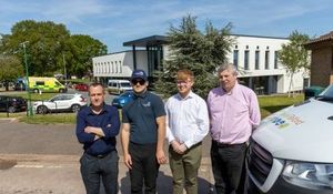 The on-demand service has been expanded to include trips to and from The Princess Royal Hospital. Pictured from left to right is senior logistics manager, Ian, apprentice at The Princess Royal Hospital Brandon, Councillor Ollie Vickers and Telford & Wrekin Council’s Cabinet Member for the Economy and travel plan co-ordinator Alex 