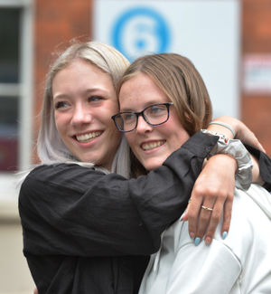 Mia Marshall, 18, and Emma Irvin, 18, at Grove School Sixth Form, Market Drayton celebrating their results and Mia's 18th birthday