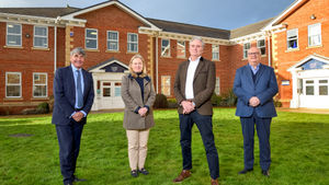 From left: Toby Shaw from Towler Shaw Roberts, Sarah Evans from Morris Property, Robert Green from Arrol Green Design Studio and Neil Anderson from Morris Property outside Canon Court West in Shrewsbury