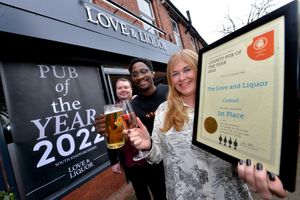 Pictured is Nicki Hickman and Jonathan Allen. At the back is Mark Hewitt, chair of Wolverhampton CAMRA