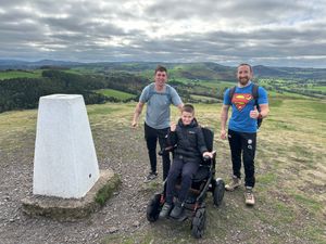 Pontesbury Primary School headteacher Lowrie-Herz (right) with pupil Myles and his dad Andy O'Brien (left). Picture: Pontesbury Primary School 