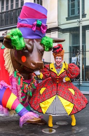 Panto Dame Andrew Ryan meets the Bull outside the Bullring in Birmingham City Centre.