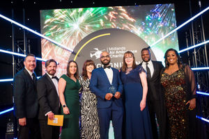 The Corporate Partnership Award winners: (L-R) Ed James, James Rousell from Wall James Chappell (award sponsor), Tipton & Coseley Building Society winners, Marlon Harewood and Alison Hammond. Photo: Jermane Clarke