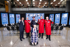 99-year-old Eileen Lavery, who signed up as a WREN during WWII,  poses with JCB deputy chairman George Bamford, Chelsea Pensioners Mick Skerrat, Barry Prior and Ted Fell, and Lord-Lieutenant of Staffordshire Sir Ian Dudson CBE following a VE Day event at JCB's World Headquarters in Rocester, Staffordshire.