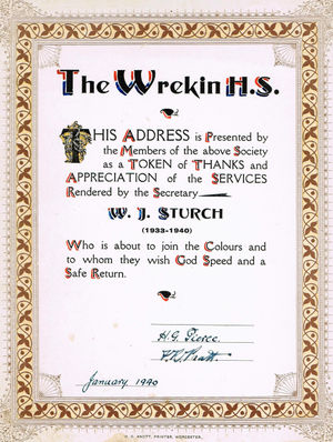 Society members produced this certificate of appreciate when their secretary Bill left to join the RAF.