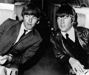 George Harrison, left, and John Lennon, right