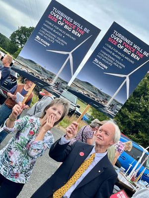 People protesting outside the Bute Energy consultation at the Hundred House Village Hall regarding the Aberedw Energy Park
