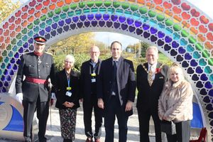 Stewart Towe CBE (Deputy Lord Lieutenant), Diane Wake (chief executive of the Trust), Sir David Nicholson (chairman of the Trust), Councillor Keiran Casey, Mayor of Dudley Councillor Peter Lee and Mayoress Mrs Gloria Lee pose outside the Rainbow.