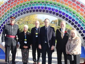 Supporting image for story: Striking rainbow sculpture monument to those lost in Covid-19 pandemic unveiled at Dudley hospital