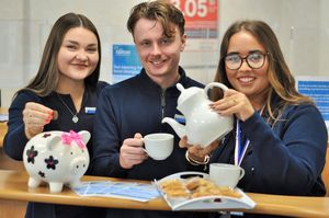 Preparing for their coffee morning at the Tipton’s Bilston branch are customer service advisors Sophie Grew (left) and Aaliyah Lewis, with branch leader Liam Osell.