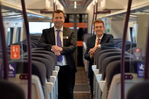 West Midlands Mayor Andy Street with West Midlands Trains' managing director Ian McConnell and the new train – named after Charles Darwin.