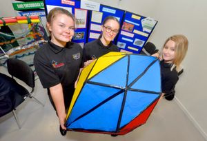 Aleksandra Hyjek, Lauren Pritchard, and Julia Wojciechowska, all 15 and from Hadley Learning Community, with their pop-up homeless shelter
