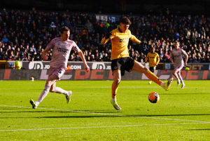 Wolverhampton Wanderers' Jorgen Strand Larsen scores their side's first goal of the game during the Emirates FA Cup third round match at Molineux Stadium, Wolverhampton. Picture date: Saturday January 10, 2026.