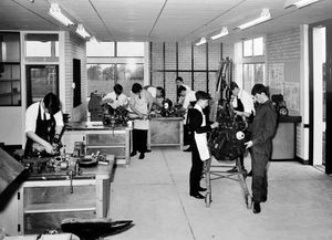 'Wellington Boys' School, 5th form unit' is handwritten on the back of this print. It has no date, possibly 1960s - 1970. A detached piece of copy paper which seems to give the correct caption reads: 'The workshop at Wellington Boys Modern School's fifth form centre, the first to be built in the country.' Picture: Rogers' Photographic Service, Shrewsbury. 