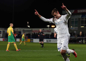 Adam Farrell of AFC Telford United celebrates after scoring a goal to make it 1-0