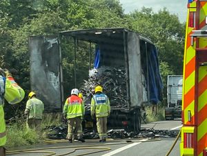 Supporting image for story: Lorry loaded with lithium batteries bursts into flames on M6 causing extensive delays