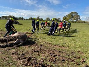 Firefighters put their backs into it to get the horse out of the ditch. Picture: Staffordshire Fire and Rescue Service