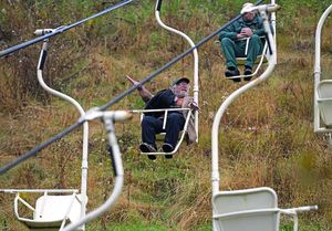 Bill Oddie on the revamped chairlift at Dudley Zoo during his visit to offficially open the new £20,000 Baboon enclosure.