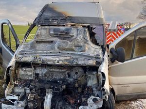 Supporting image for story: Driver narrowly escapes injury when camper van bursts into flames near Market Drayton