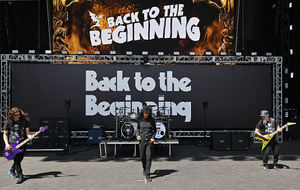 US rock band Anthrax sound check as preparations continue on the eve of British rock band, Black Sabbath's "Back to the Beginning" concert, Ozzy Osbourne's final ever gig as Black Sabbath's frontman at Villa Park in Birmingham, central England on July 4, 2025. Osbourne, who revealed in 2020 that he has Parkinson's disease, will join Tony Iommi, Geezer Butler and Bill Ward for the all-day "Back To The Beginning" show in Birmingham, central England, where the heavy metal giants formed in 1968. (Photo by ANDY BUCHANAN / AFP) (Photo by ANDY BUCHANAN/AFP via Getty Images)          