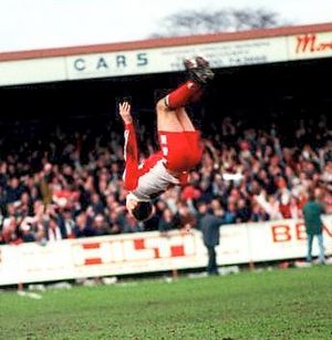 Kidderminster Harriers' Delwyn Humphreys celebrates scoring a goal.