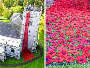 Supporting image for story: 8,000 crocheted poppies cascade down 50ft tower of 15th-century West Midlands church