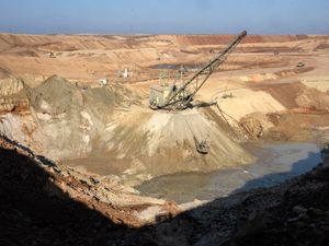 An open pit mine in a canyon in Ukraine