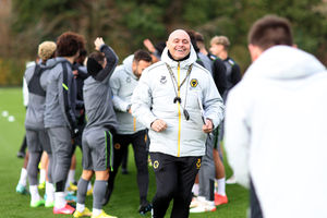 Juan Peinado shares a joke during training (Getty)