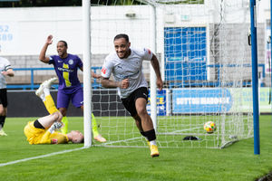 Montel Gibson celebrates after making it 3-0 (Kieran Griffin)