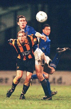 Shrewsbury Town Football Club V Hull City at the Gay Meadow. Pete Wilding shows off an artistic move.