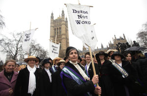 The UK Feministas mass feminist lobby of Parliament in 2012, led by Dr Helen Pankhurst