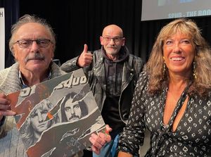 John Coghlan and his wife Gillie meet a Status Quo fan at the Edge Arts Centre, Much Wenlock