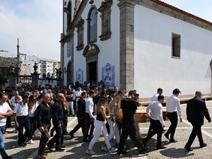 Diogo Jota’s wife Rute Cardoso walks with the coffin after the funeral of Diogo Jota and Andre Silva