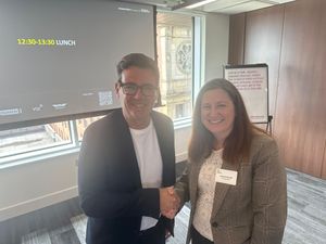 Julia Buckley MP met with Greater Manchester Mayor Andy Burnham (left) last week at the National Bus Summit in Manchester