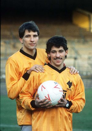 Steve Bull, 21 with 19-year-old Andy Thompson as the pair signed for Wolves after crossing the Black Country in 1986 