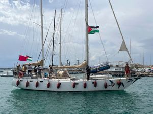 Supporting image for story: Activist flotilla seeking to break Gaza blockade says drones attacked its boats