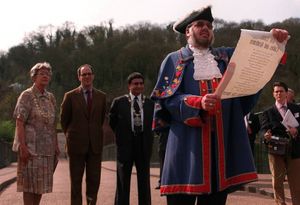 Jhalman Singh Uppal, third from left, at a proud and historic moment as the Iron Bridge is handed over in 1998.