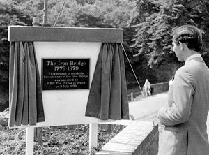 Prince Charles unveils a plaque to mark the bicentenary of the Iron Bridge on July 5, 1979. 