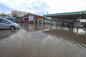 The flooded scene close to the BP garage, next to the Meole Brace roundabout in Shrewsbury, after the pipe burst earlier this year