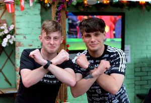 Scotland supporters Dan Crighton and Callum Brunton at The Old Bush, Albrighton