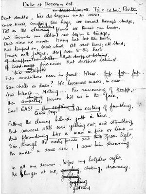 This is Wilfred Owen’s most famous poem ‘Dulce et Decorum Est’ as written in his own hand