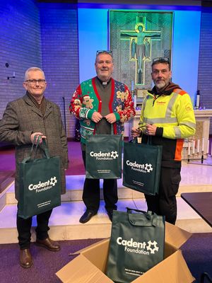 Ian Dawes (L) and Fr Craig Fullard (C) with Cadent first call operative, Ian Holder (R)