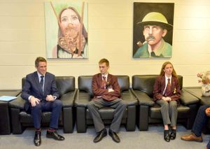 Thomas Telford pupils Jacob France, 14, and Imogen West, 12, with Education Secretary Gavin Williamson