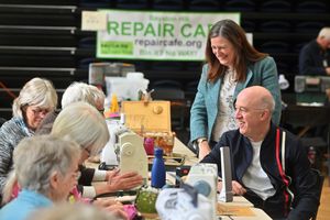 MP Julia Buckley and Donald Macphail, chief Operations officer at Veolia, chat to fabric menders